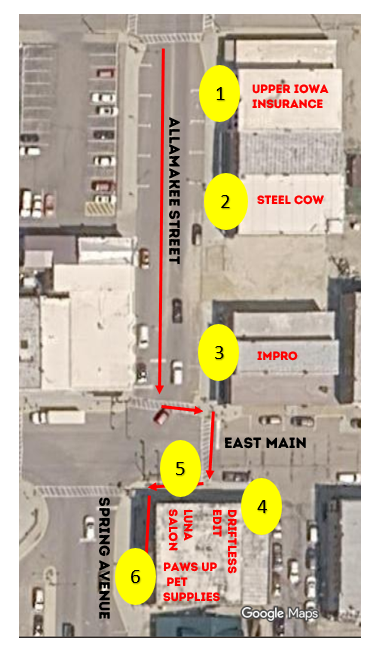 Story Walk Map along Allamakee Street, East Main Street, and Spring Avenue in Waukon.